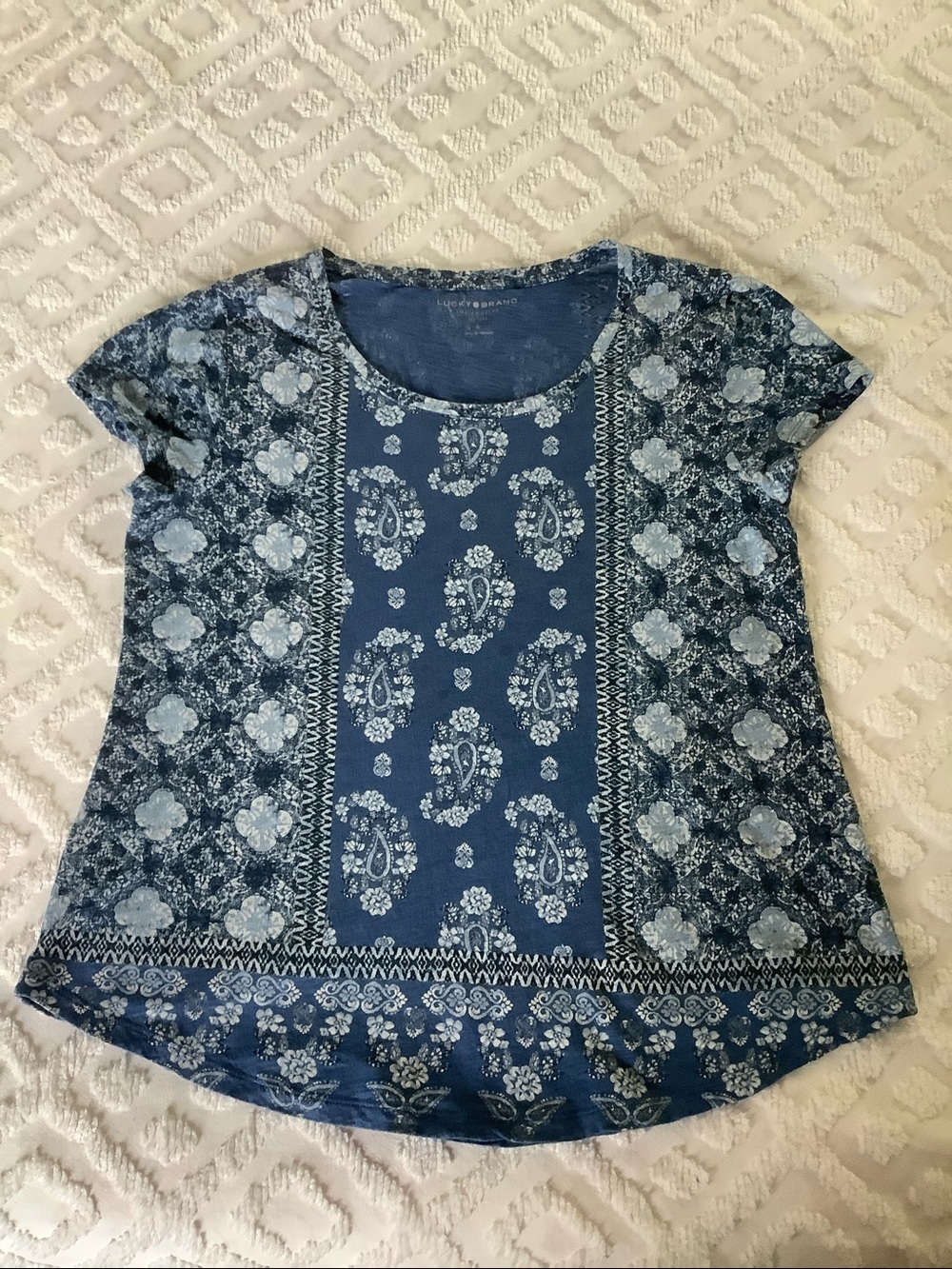 Lucky Brand Women's Graphic Tee Blue Boho Top Short Sleeve Size L